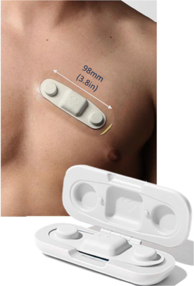 Lightweight cardiac monitoring patch worn on a patient with the device shown in its case